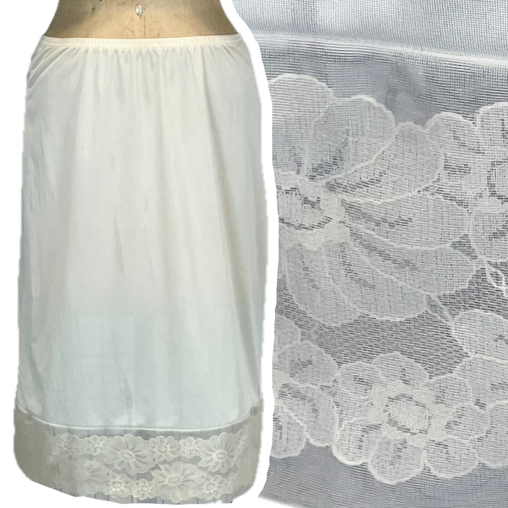 VINTAGE Vanity Fair nylon dress slip midi floral lace elastic waist‎ ivory 70s